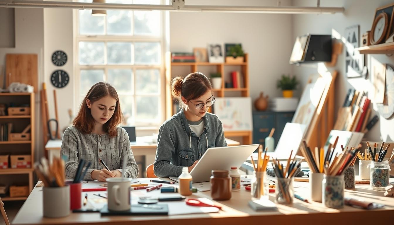 Students studying together in modern classroom